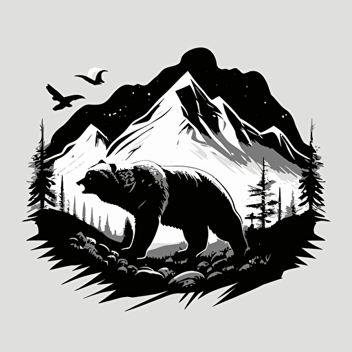 An emblem logo for a angry bear::mountains in the background, simple, black and white, vector