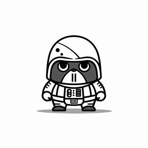 Chubby darth vader illustration, looking at the camera, minimal, outline strokes only, black and white, logo, vector, white background