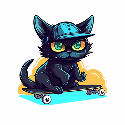 a vector illustration of a black cat riding a longboard skate, speeding, sticker design, the cat has cool sunglasses, isolated on white background