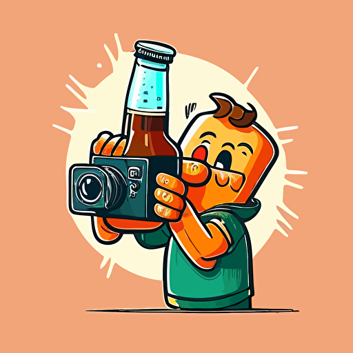 a cartoon beer bottle vector illustration, with hands, holding camera