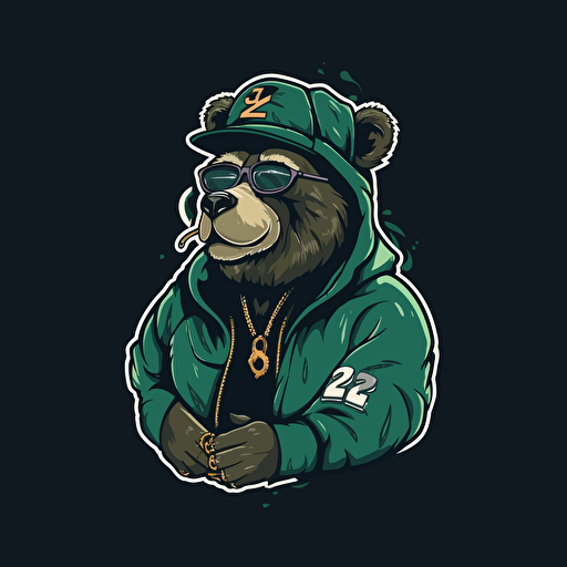 2d Minimalist logo design of a bear smoking marijuana dressed in hip hop attire, splash art, vector art