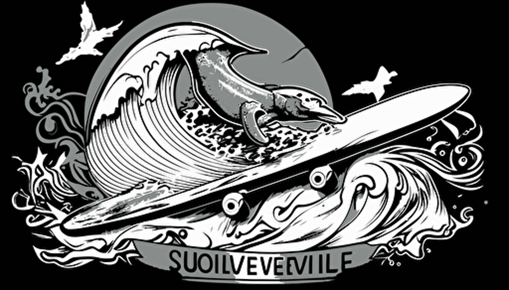 logo, vector style, no text, Quicksilver style, in the style of sumatraism, oshare kei, piles/stacks, silver, reefwave with skate board wheels at the bottom, captured essence of the moment