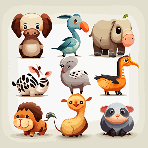 10 cute cartoon vector style animals for kids without background