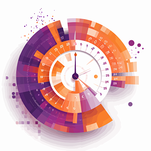 flat modern vector image of the concept of flexible schedules, complemenatry colours, bright orange and purple, high resolution, white background, creative visualization, detailed