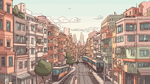 A bustling cityscape with diverse architecture, busy streets, public transportation, green spaces, Adobe Illustrator, Wacom tablet, morning. Vector illustration, RGB color mode.