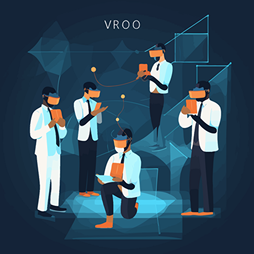 A picture of VR experts that symbolize sounding board, problem solving, Vector style, dark background, blue, white, orange