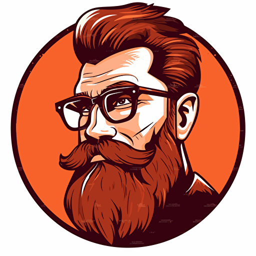 a brown hair, red beard man, with glasses, looking aside, logo, rounded, vector