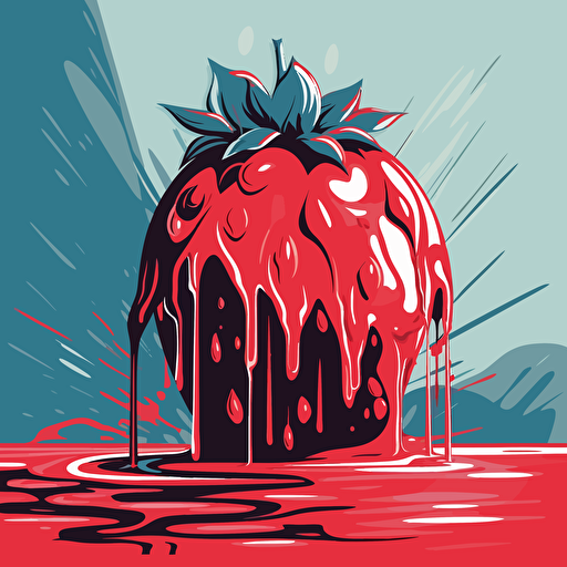 simple painting of a delicious strawberry melting away into the scene, simple form background, leave a lot of negative space, liquid, vector, desaturated colour drips, graffiti, artificial, highres