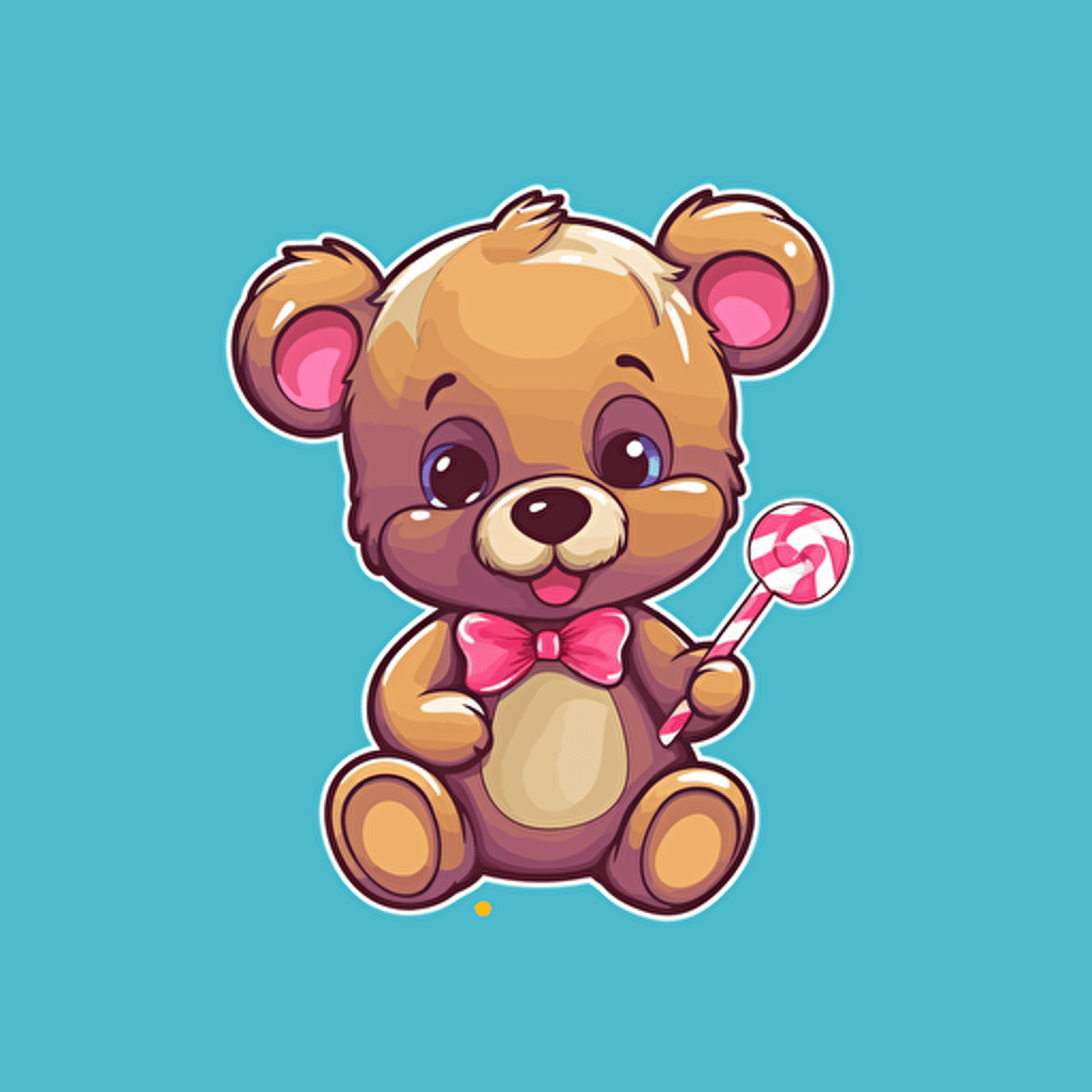 cybor teddy bear holding a lollypop wrapped in a bow logo design, vector art