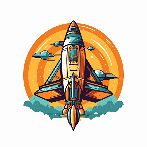 vector art of space ship in building process, simple colors, logo