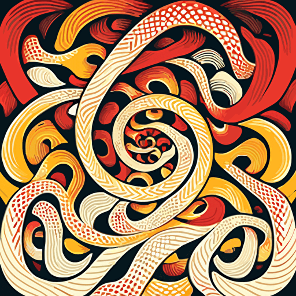 vector illustration of hundreds of entwined snakes with detailed designs in art deco style circa 1978 in red, orange, yellow, and white