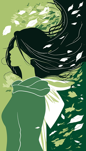 faceless beautiful asian lady embodying the wind, green background, vector art,