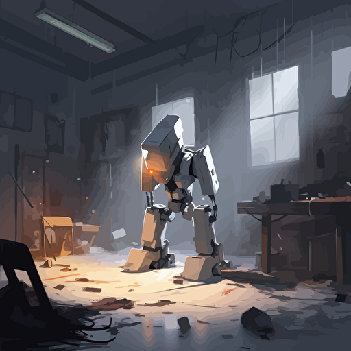 a futuristic robot in a workshop that is broken. vector art, moody lighting