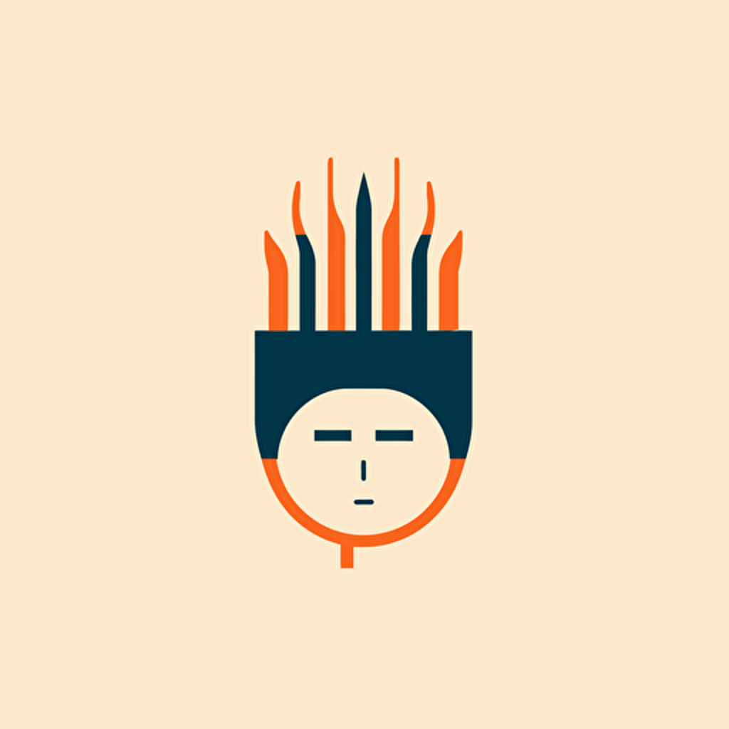 minimalistic vector logo by Paul Rand, front face view of friendly robotic AI with hair of fire, flat, modern, clean, 3 colors