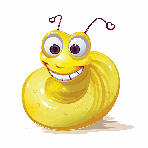 Figure for a children's book: Glipsch is a large, gooey yellow snail creature with wiggly stalk eyes and slippery tentacles. Smiling and funny. Full size, vector image. Childrens book illustration