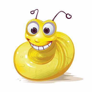 Figure for a children's book: Glipsch is a large, gooey yellow snail creature with wiggly stalk eyes and slippery tentacles. Smiling and funny. Full size, vector image. Childrens book illustration