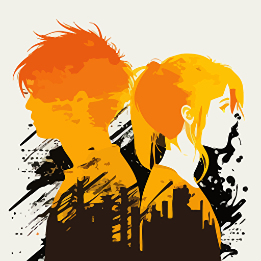 vector art, illustration of a teen couple, the girl has orange and yellow hair, minimalistic