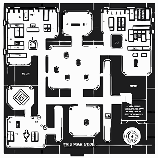 top down floor layout of futuristic laboratory map black and white vector with a white background using pigma micron pens