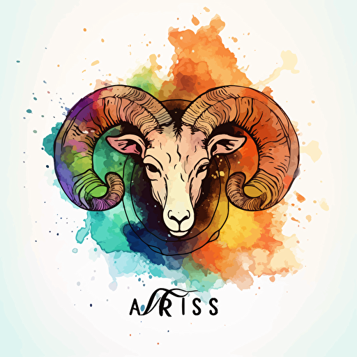 vector line drawing of aries symbol, with multicolor, watercolor background.