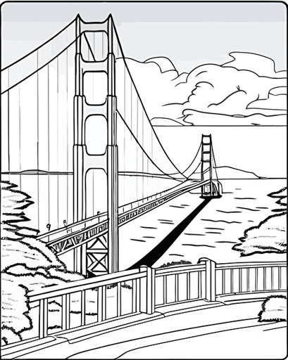 coloring page for children, Golden Gate Bridge and a view of North Bay, black and white comic book flat vector, white background