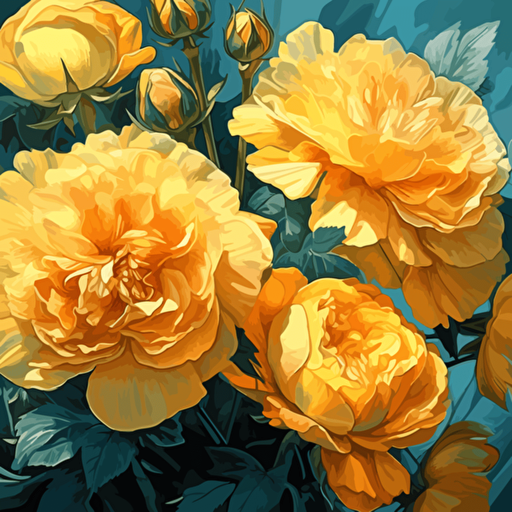 a close up of a bunch of yellow flowers, a digital painting, photorealism, a beautiful artwork illustration, rosses, azure, sharp high detail illustration, highly detailed vector art, taurus, in the style of an oil painting, air brush illustration, masterpiece', pure joy, dio
