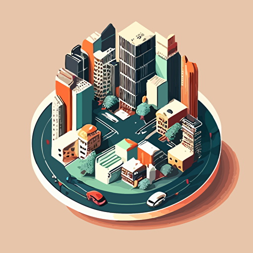 an isometric downtown city with tall buildings, roads and vehicles sitting on a circular flat disk in vector art style
