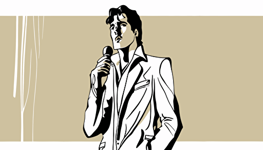 A nostalgic portrayal of Elvis Presley in his signature white jumpsuit, with a microphone in hand and a subtle smile on his lips, The style of the artwork is classic and timeless, with a romantic mood that captures the enduring popularity and legacy of the King of Rock and Roll, The lighting is warm and inviting, suggesting a cozy, intimate setting, vector, contour, white background