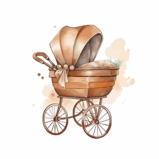 watercolor design of cute wooden brown baby pram, gender neutral, vector