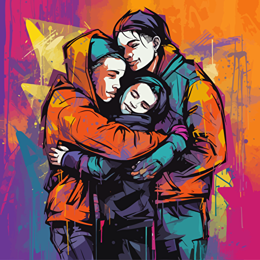vector image of a family hugging, graffiti style