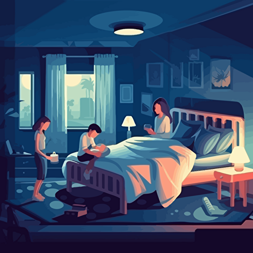 vector illustration of a family making a bed, focus on the bed, stylish bedroom, night time lighting