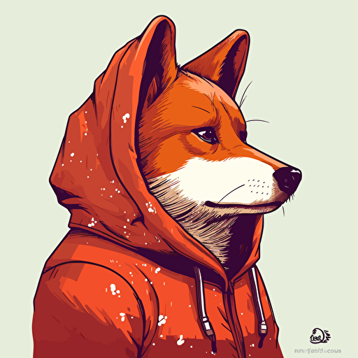 2/3 left side profile shot, cartoon 2d, Shiba Inu wearing a hoodie, cartoon anime, colors red, surreal, Vector illustration, white background
