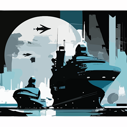 Medium sized futuristic vessels departing from the port., Blue Black and white, Vector and oil paint poster art,