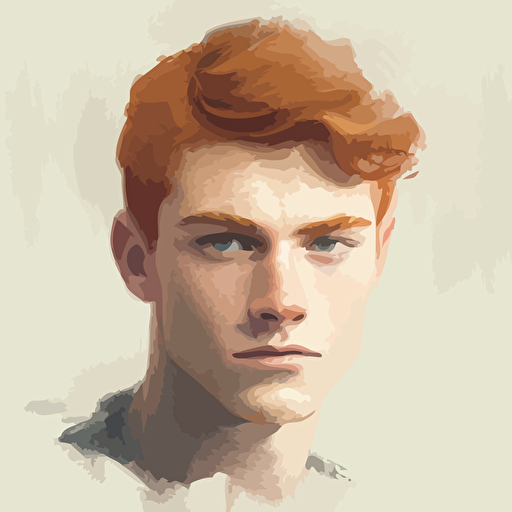 Young man, brown eyes, tapered auburn hair, no other distinctive features, focused stoic demeanor, meditation, headshot, muted colors, simplistic, vectorized, pencil sketch