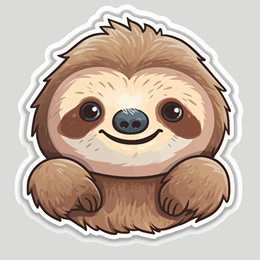 sticker, cute and happy sloth, kawaii, contour, vector, white border, gray background