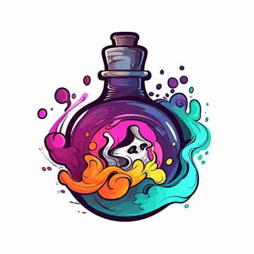 Digital illustration of logo with thick black outline, white background, cute, colorful cel-shaded potion bottle in Pixar style, Blizzard entertainment art, saturated colors, prop design, contour, vector art