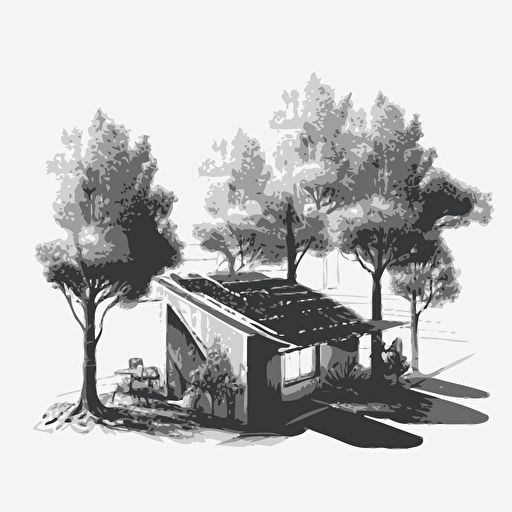 monochromatic vector image of a workshop with trees and photovoltaic panels on the roof, white background