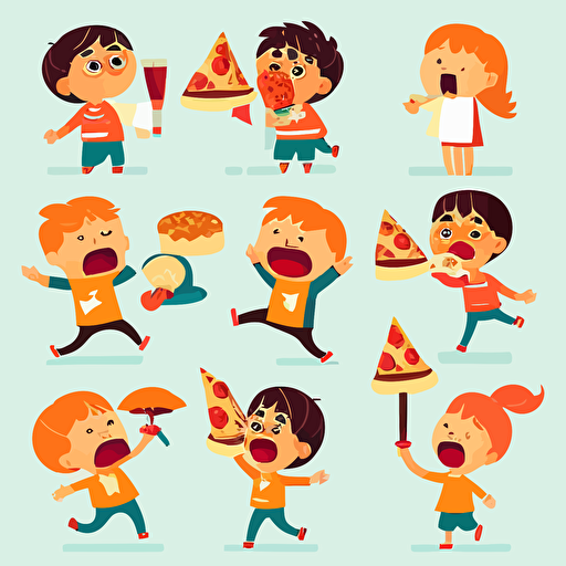 fast food, multiple poses and expressions ,children's book illustration style, simple, full color, flat color,vector
