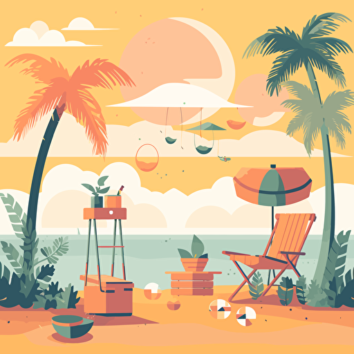 Background image, summer beach, beach takes up most of the bottom of the scene, pastel colour illustration, flat vector, sunbed, palm trees, bright, bbq 2:3