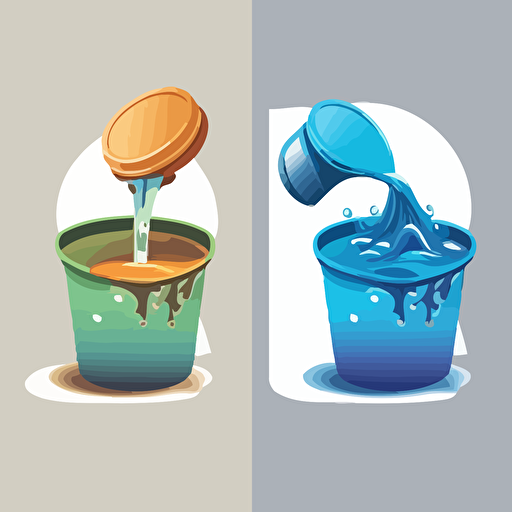 a vector image with a small bottlecap of water being poured into a bucket versus a bucket dumping water on an overflowed bottlecap