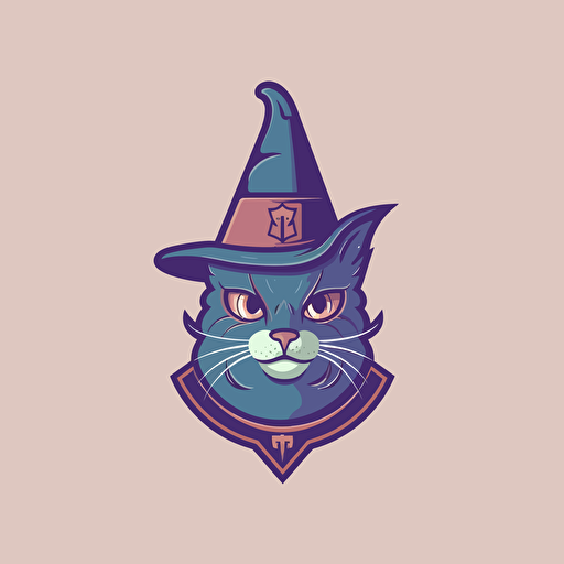 logo design, flat 2d vector logo of a cat in a pointed wizard hat, muted purple and blue colors, 80s, harry-potter-inspired