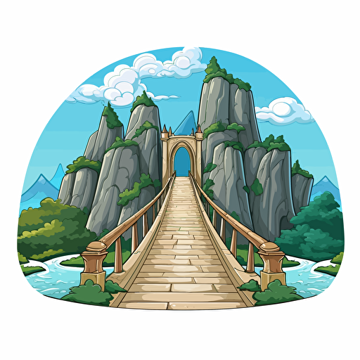 draw vector cartoon style a footpath with a bridge with 3 high arches over a deep valley with no background and details