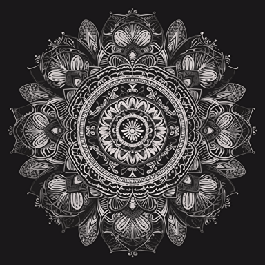 Create a intricate black and white mandala design in vector format that is suitable for coloring. The mandala should consist of multiple layers and intricate details, such as intricate patterns, intricate shapes, and intricate textures. The design should be balanced and symmetrical, with a central point that draws the eye. The use of negative space is also important, as it adds depth and dimension to the design. The end result should be a beautiful and detailed mandala that is both relaxing and challenging to color. 6144x6144