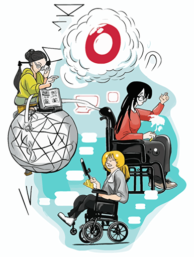 Japanese comic book エイチ・ツー style, a young climate activist, a feminist, a female human rights activist, and a person in a wheelchair imagine a "hammer" and a "keyboard," together on a big stage, and their imagined hammer and keyboard shapes float in a single bubble(Non-letter illustrations). white background, vector, illust