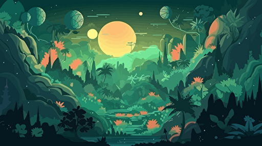 concept map of a foreign jungle planet, flat vector illustration