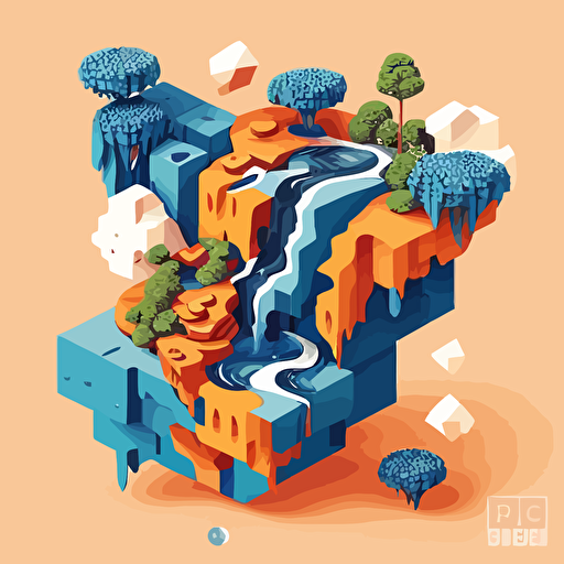 Vector logo of a cascading waterfall with floating islands with gadgets made of jigsaw puzzles, blue and orange