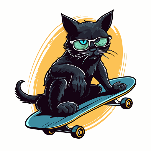 a vector illustration of a black cat riding a longboard skate, speeding, sticker design, the cat has cool sunglasses, isolated on white background