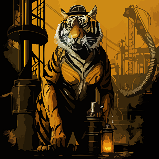 A bengal tiger with a mean look and man body working his job in the oilfield. Vector art