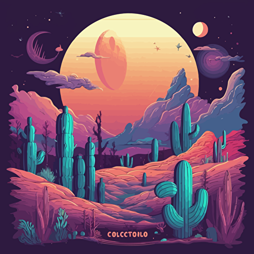 vector design, celestial landscape desert, boho hippie cactus landscape desert, neon moon, vectoc