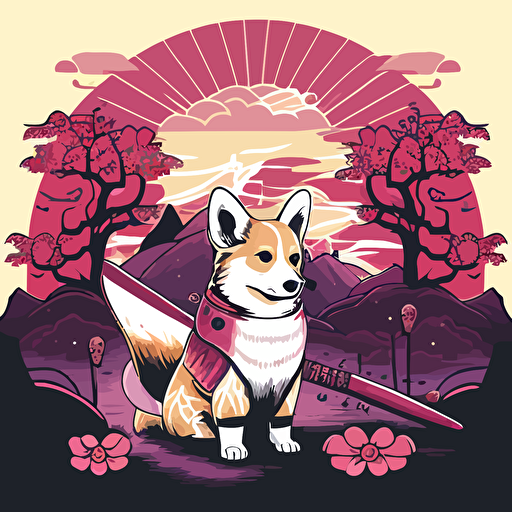 a corgi samurai large pink sunset backdrop in a vector illustration style