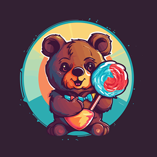 futuristic bear holding a lolly pop bow logo design, vector art,